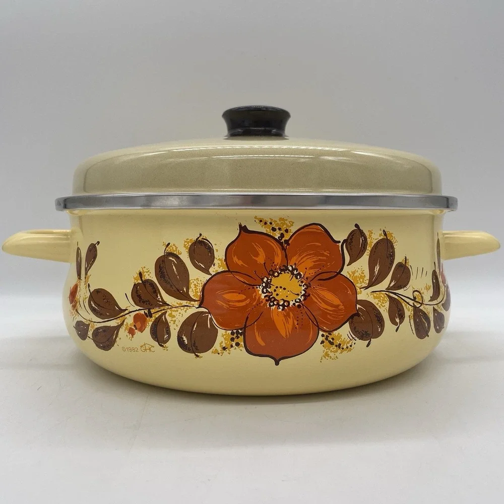 Vintage 1982 GHC Sears Yellow Enamelware Dutch Oven Stockpot Poppy Floral‎ Retro